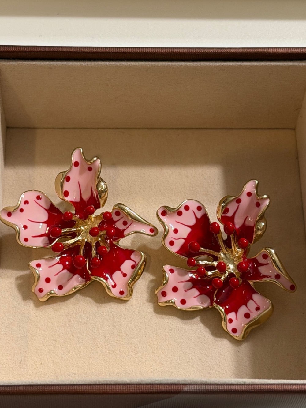 Golden Pink & Red Polka Dot Enamel Flower Statement Stud Earrings.